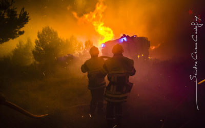 Binôme de pompiers devant les flammes [Ref:2410-13-0390]